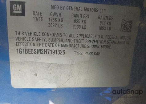 2017 Chevrolet Cruze Lt z USA, uszkodzony, nr VIN 1G1BE5SM2H7191326